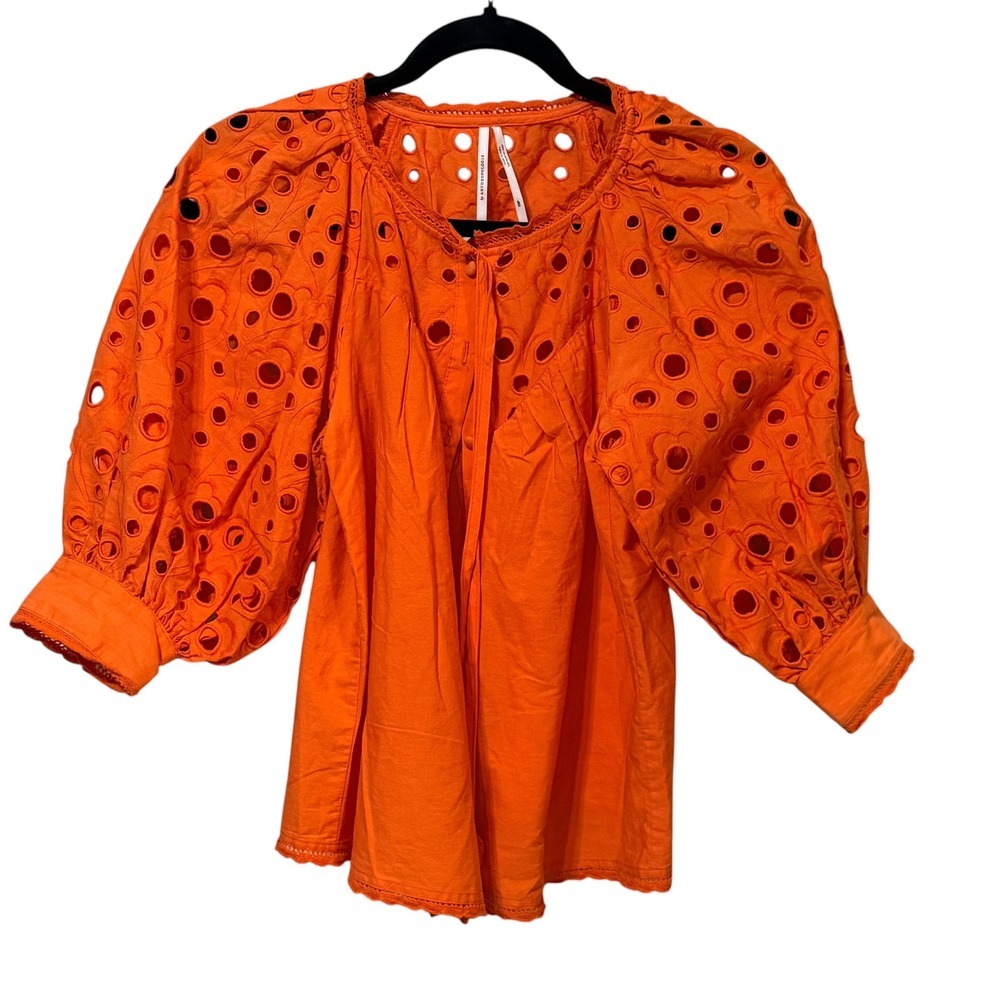 Anthropologie Orange Eyelet Puff Sleeve Blouse Tie Neck Button Front XSP - Picture 2 of 10